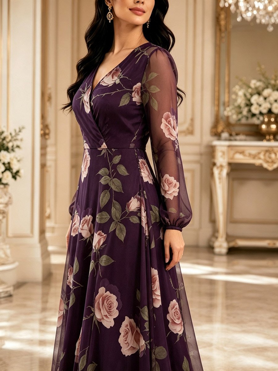 Purple Rose Print V Neck A-Line Maxi Dress