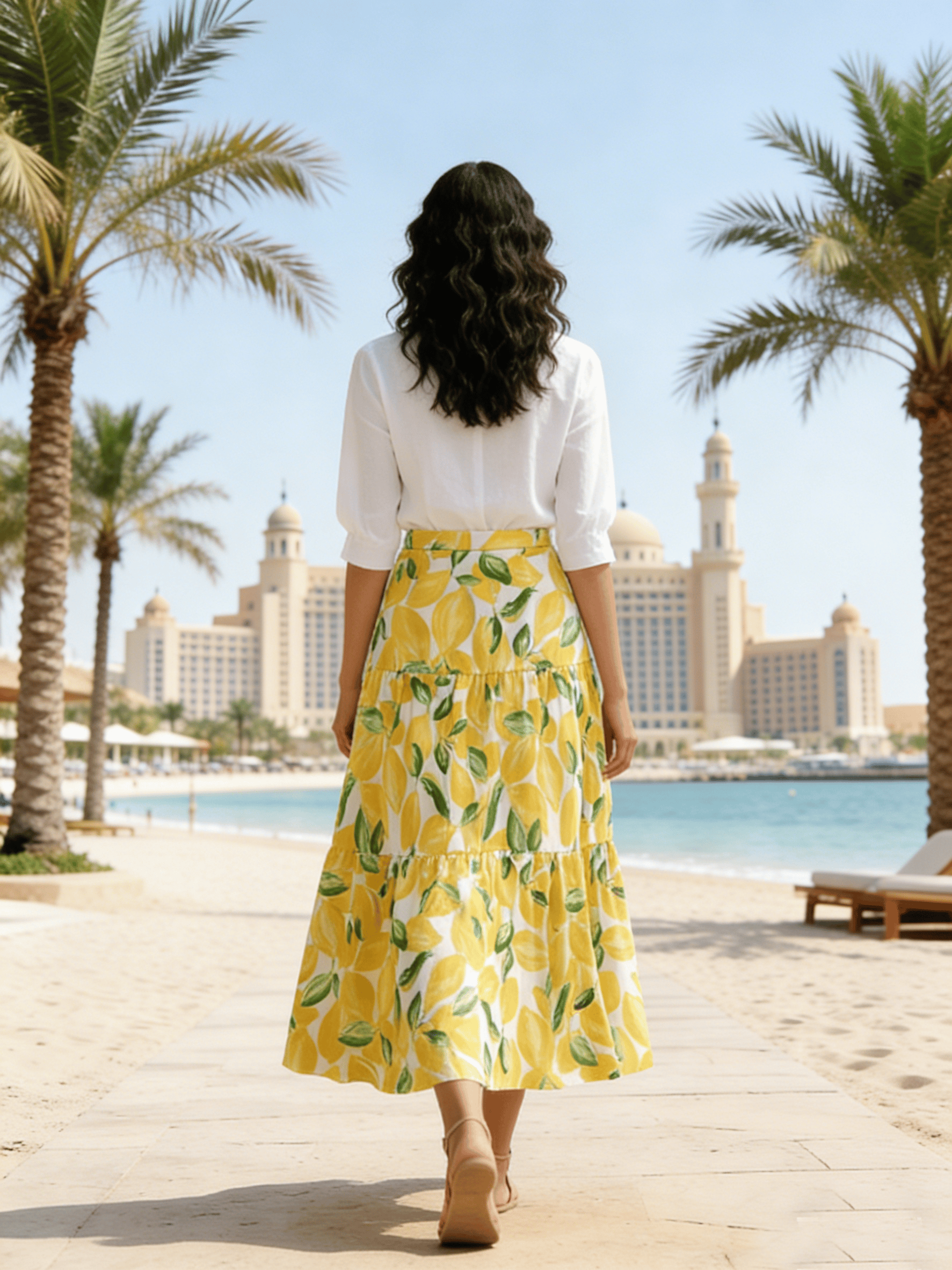 Lemon Print High Waist Tiered A Line Midi Skirt