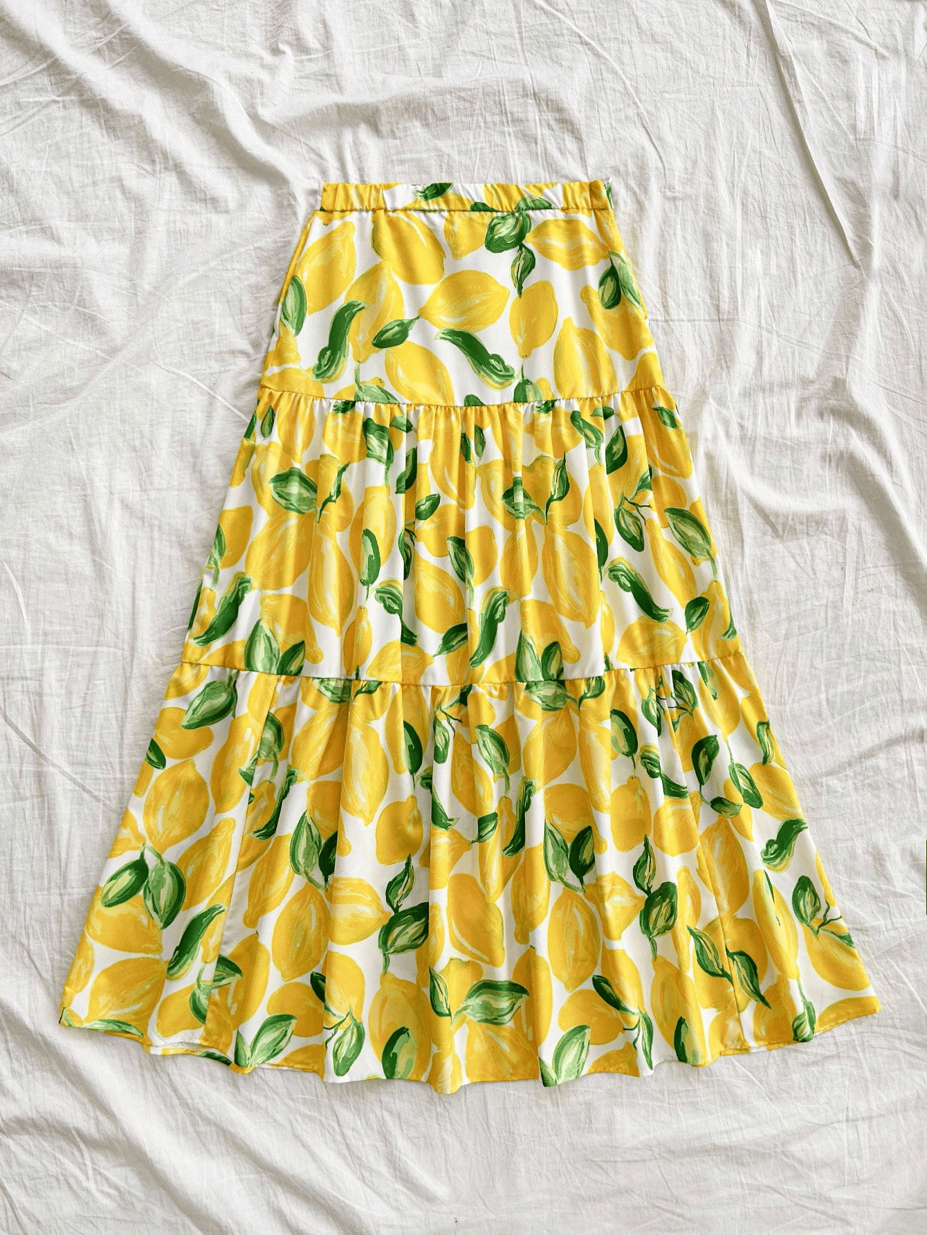 Lemon Print High Waist Tiered A Line Midi Skirt