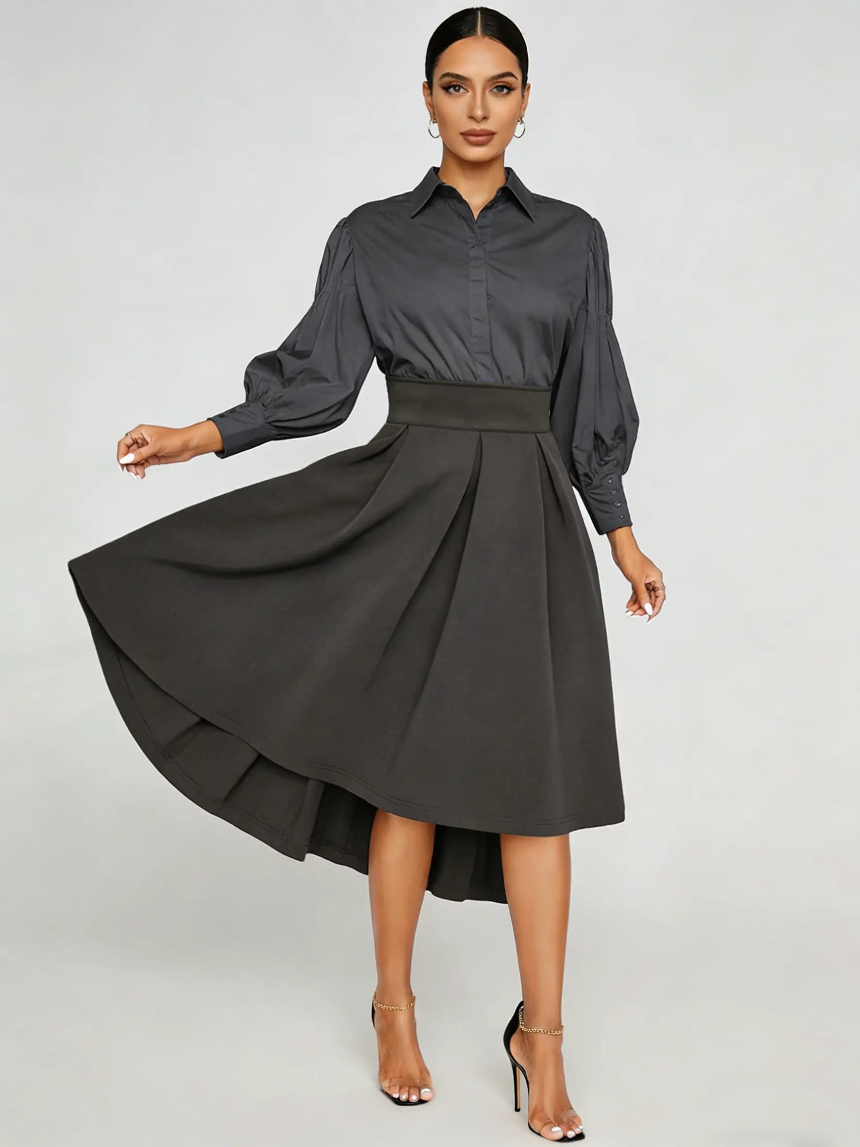 Grey Fold Pleated A-Line Midi Skirt