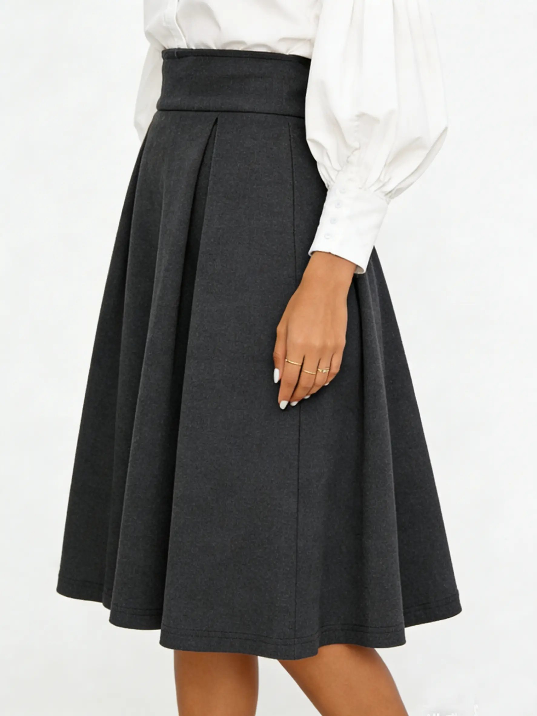 Grey Fold Pleated A-Line Midi Skirt
