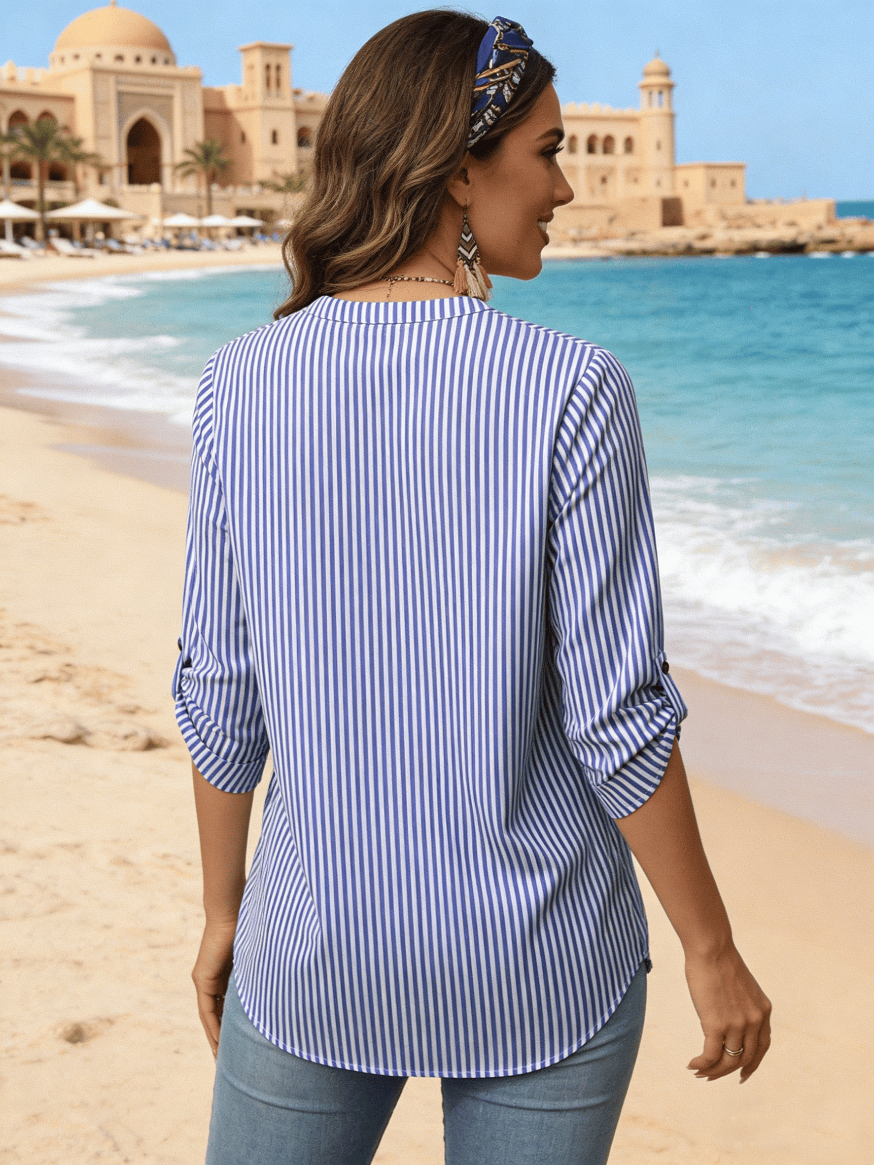 Blue Striped Roll-Up Sleeve Casual Shirt