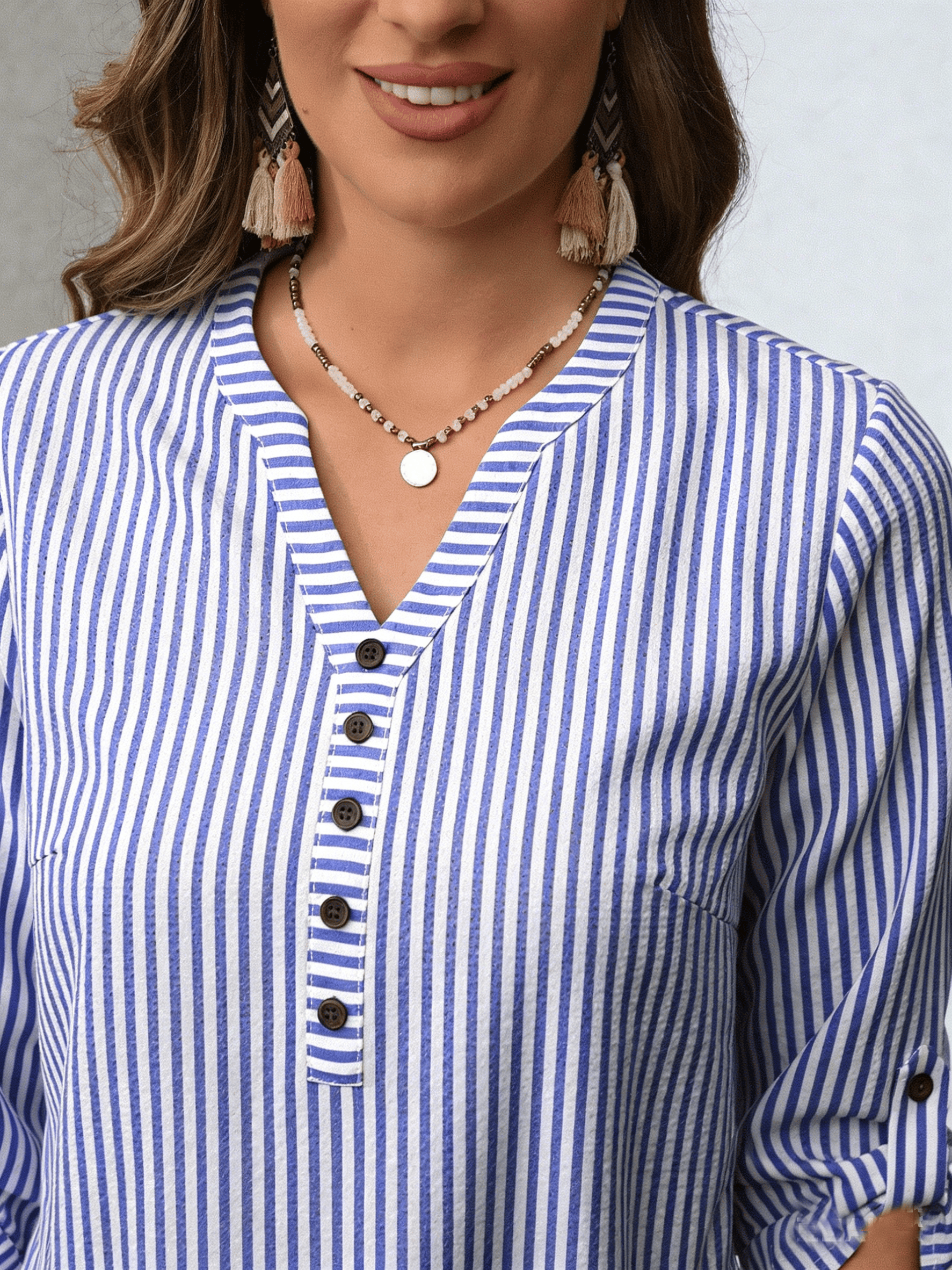 Blue Striped Roll-Up Sleeve Casual Shirt