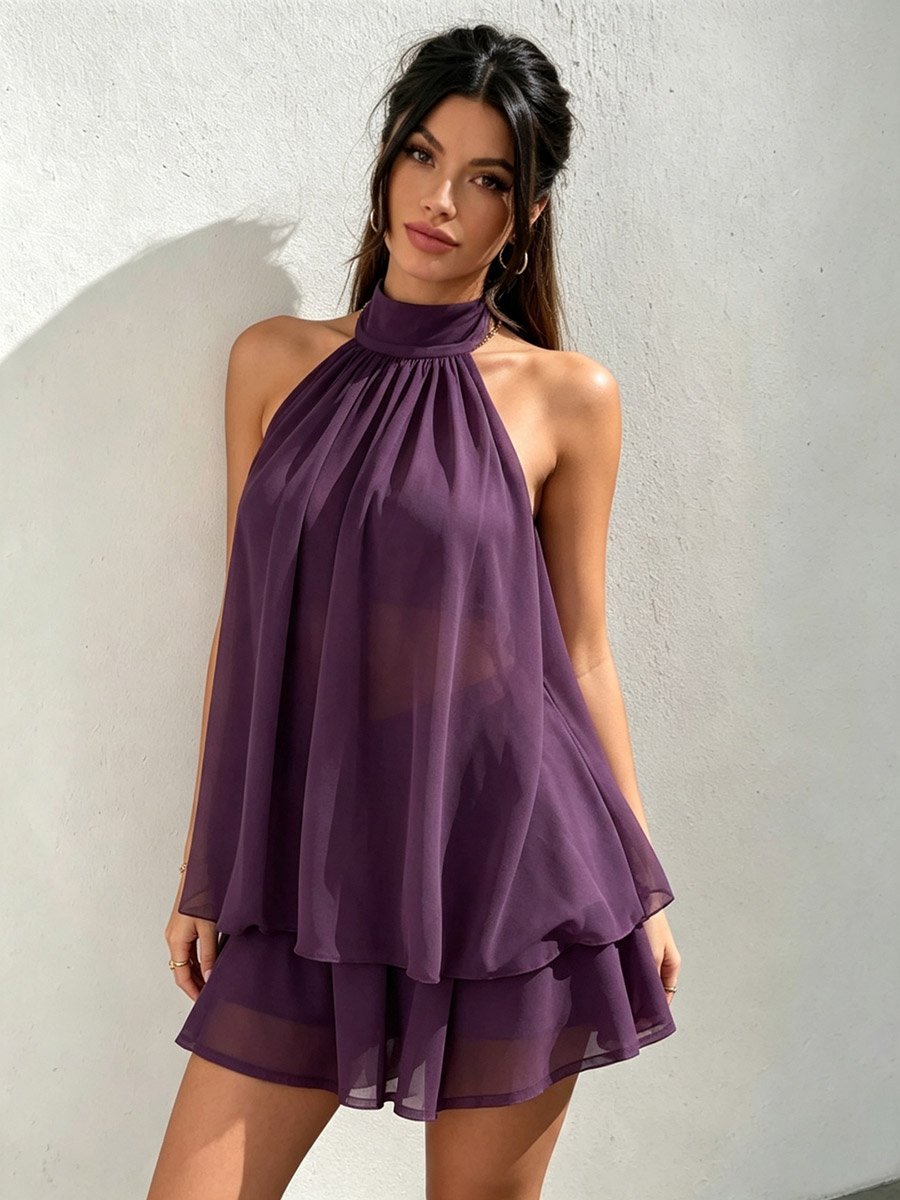 Purple Halter Neck Backless Layered Mini Dress