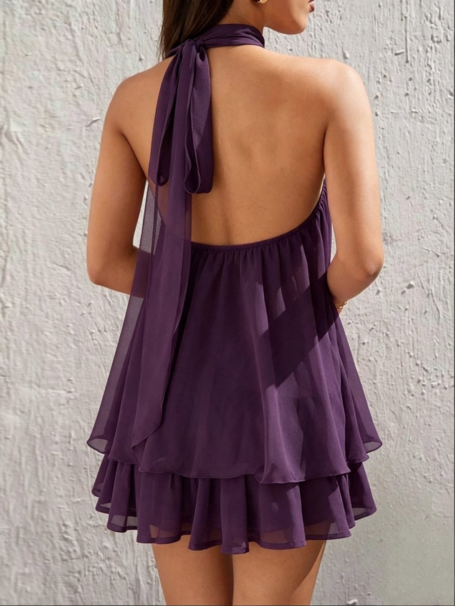 Purple Halter Neck Backless Layered Mini Dress