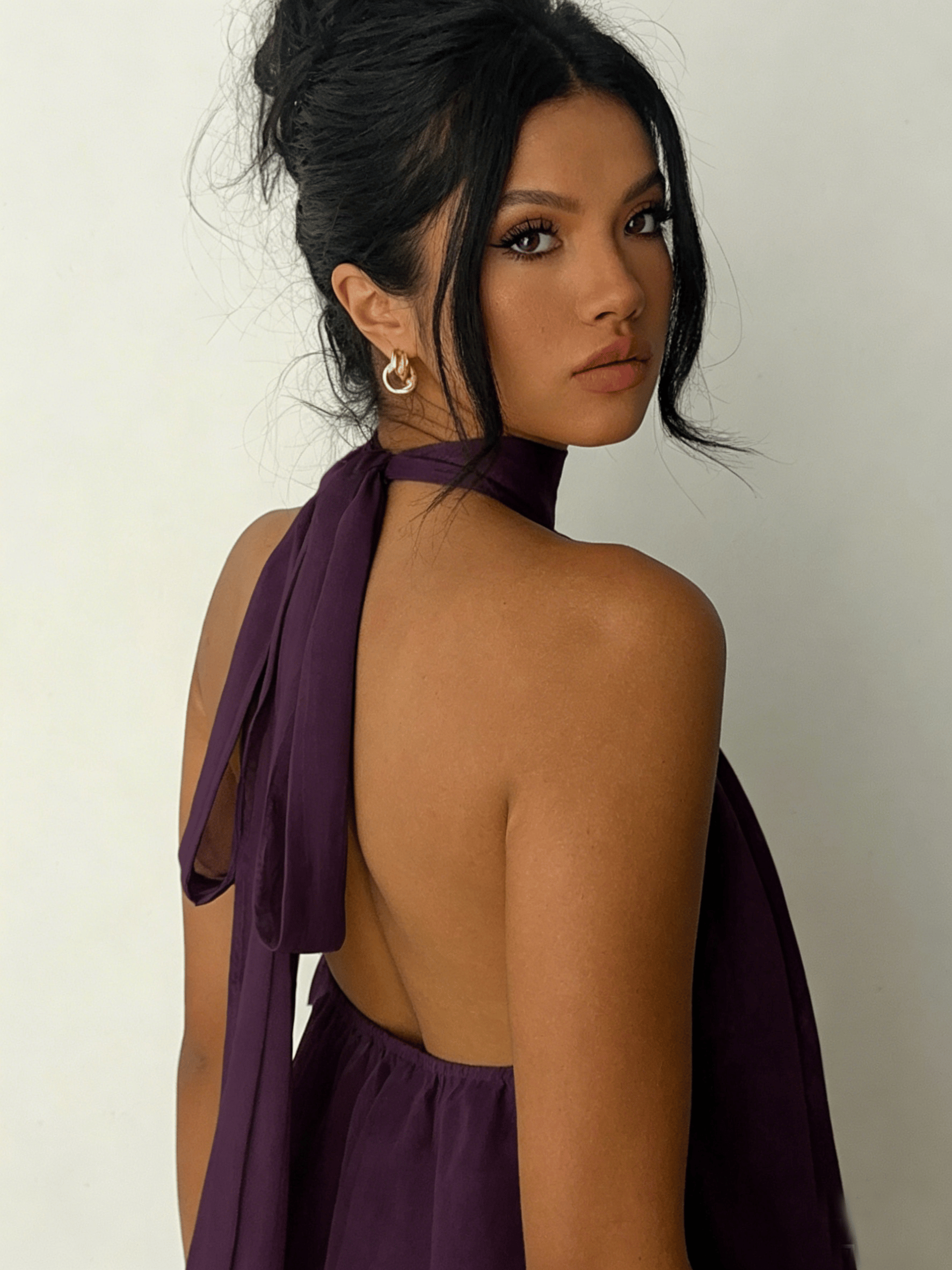 Purple Halter Neck Backless Layered Mini Dress