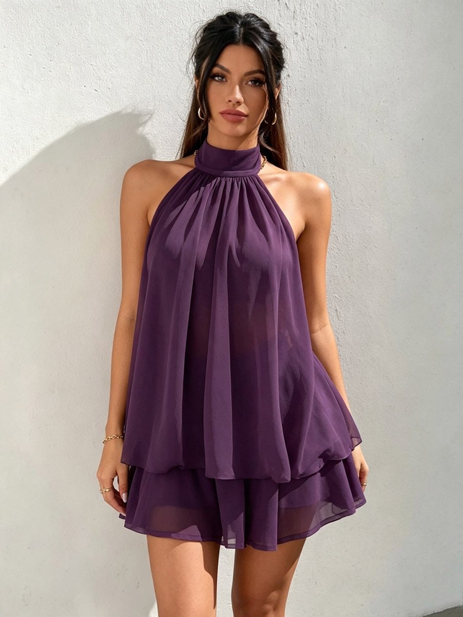 Purple Halter Neck Backless Layered Mini Dress