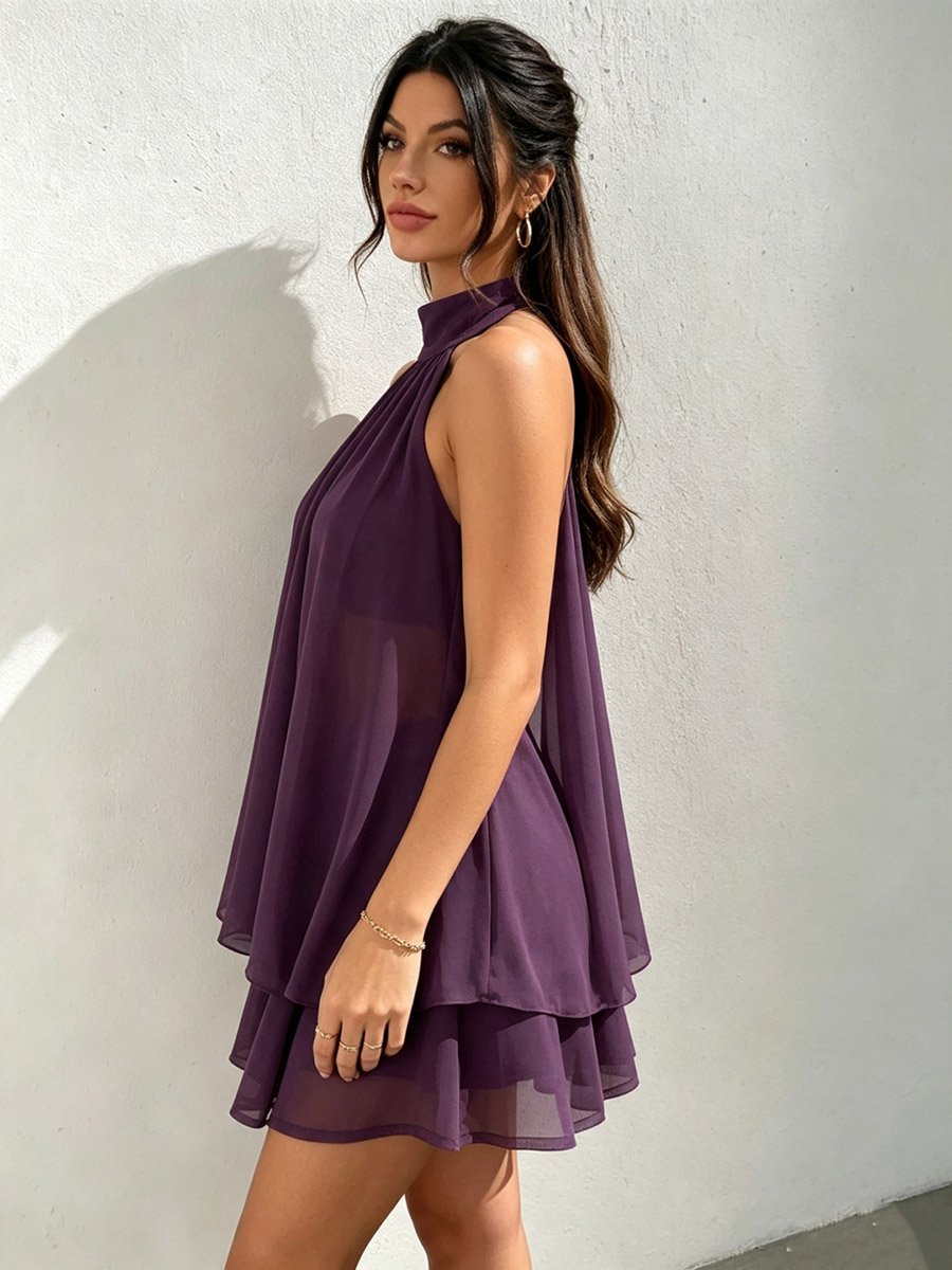 Purple Halter Neck Backless Layered Mini Dress