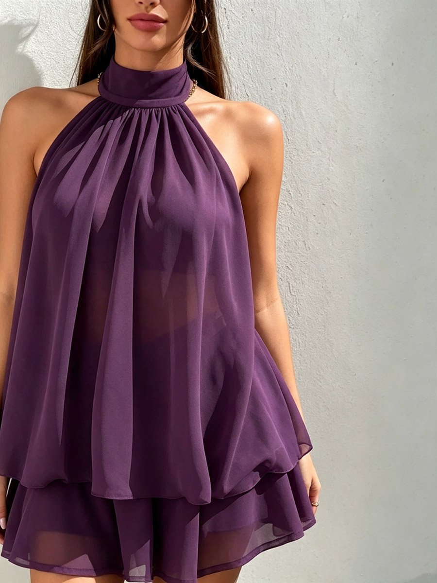 Purple Halter Neck Backless Layered Mini Dress