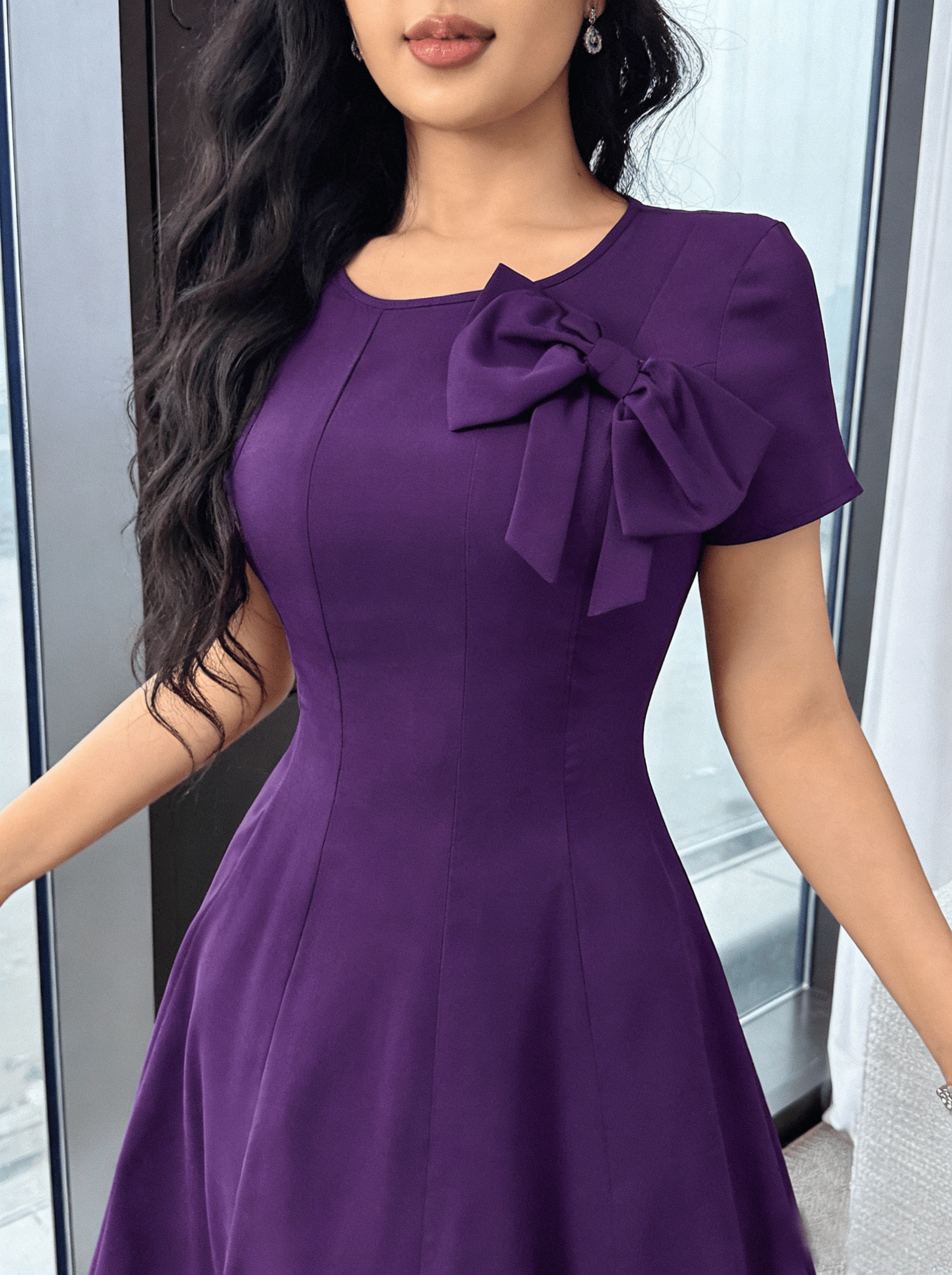 Purple A-Line Midi Dress with Bow Detail