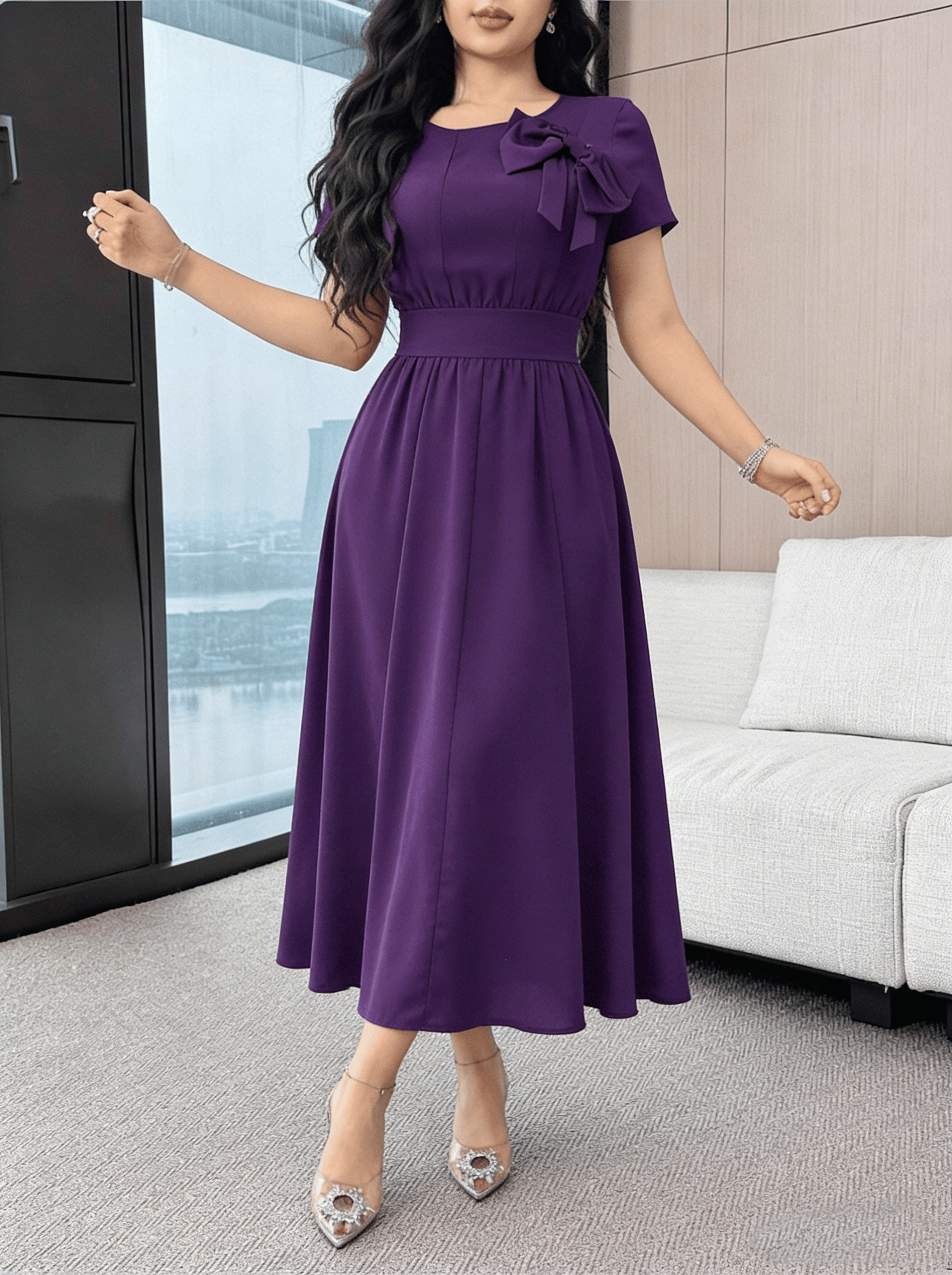 Purple A-Line Midi Dress with Bow Detail