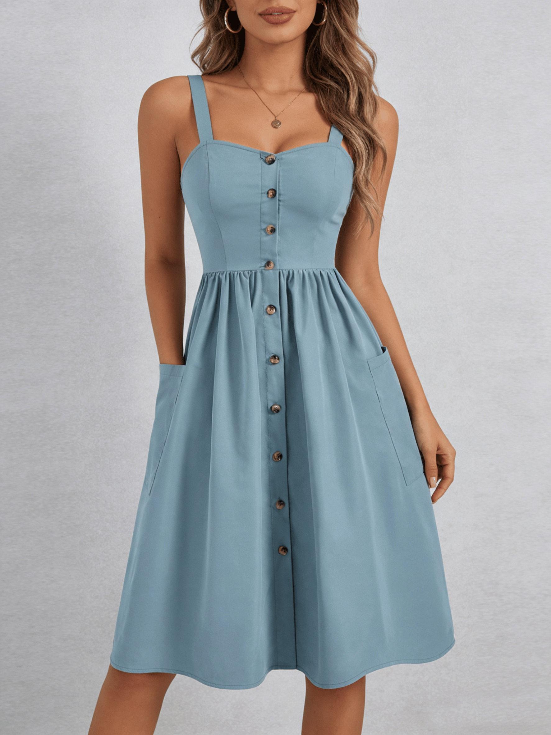 Blue Strappy Buttoned A-Line Midi Dress