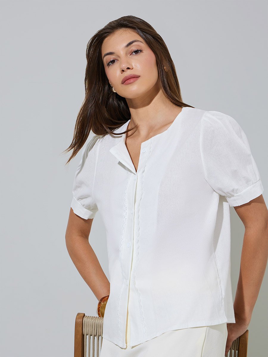 White Linen-Look Puff Sleeve Shirt