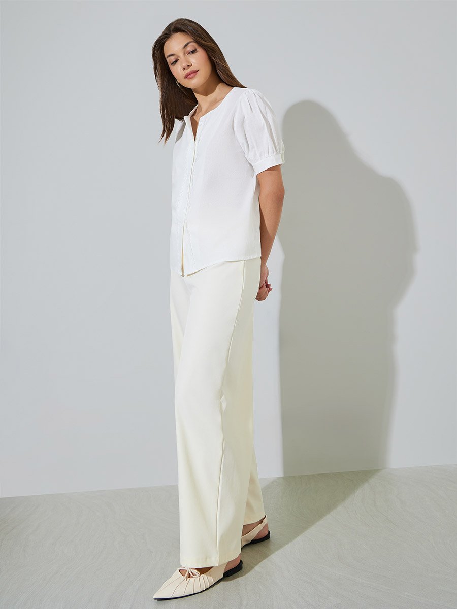 White Linen-Look Puff Sleeve Shirt