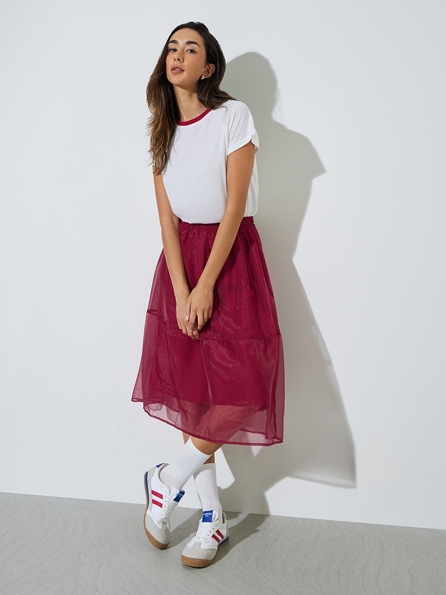 Burgundy Organza Look Layered Midi Skirt