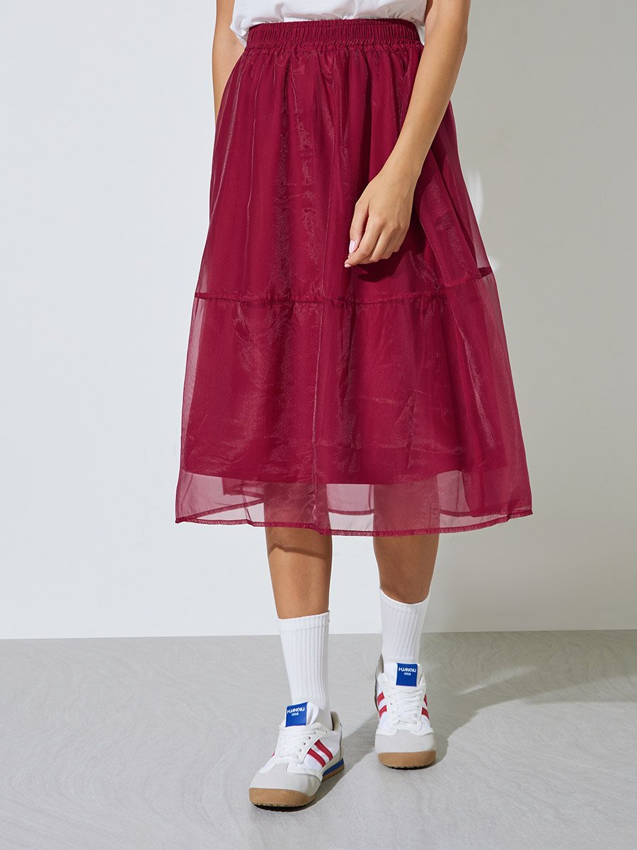 Burgundy Organza Look Layered Midi Skirt