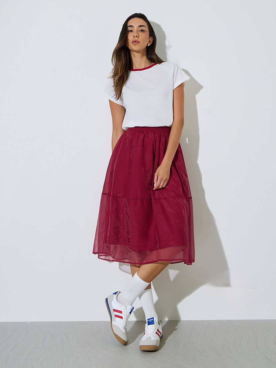 Burgundy Organza Look Layered Midi Skirt