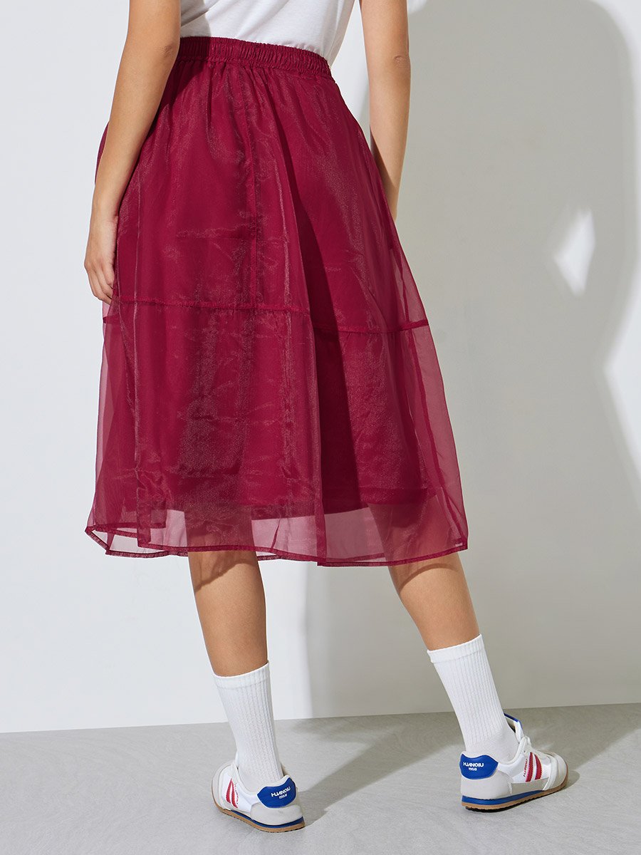 Burgundy Organza Look Layered Midi Skirt