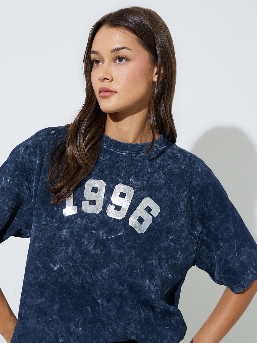 Navy Blue Slogan Print Acid Wash Oversized T-Shirt