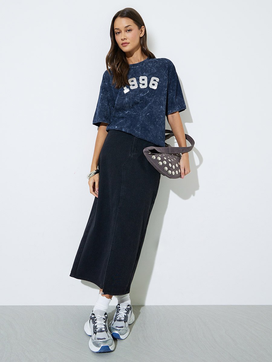 Navy Blue Slogan Print Acid Wash Oversized T-Shirt