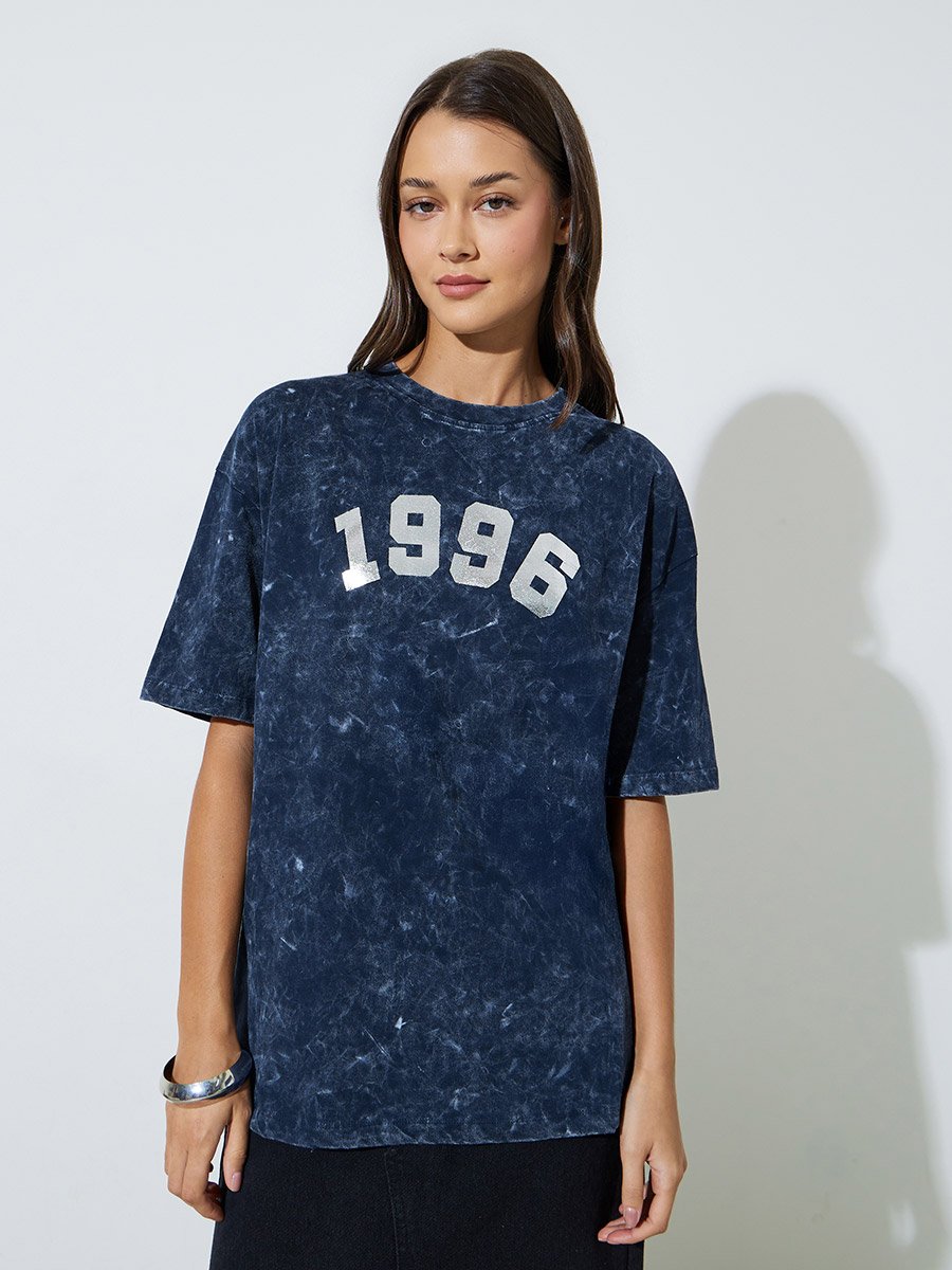 Navy Blue Slogan Print Acid Wash Oversized T-Shirt