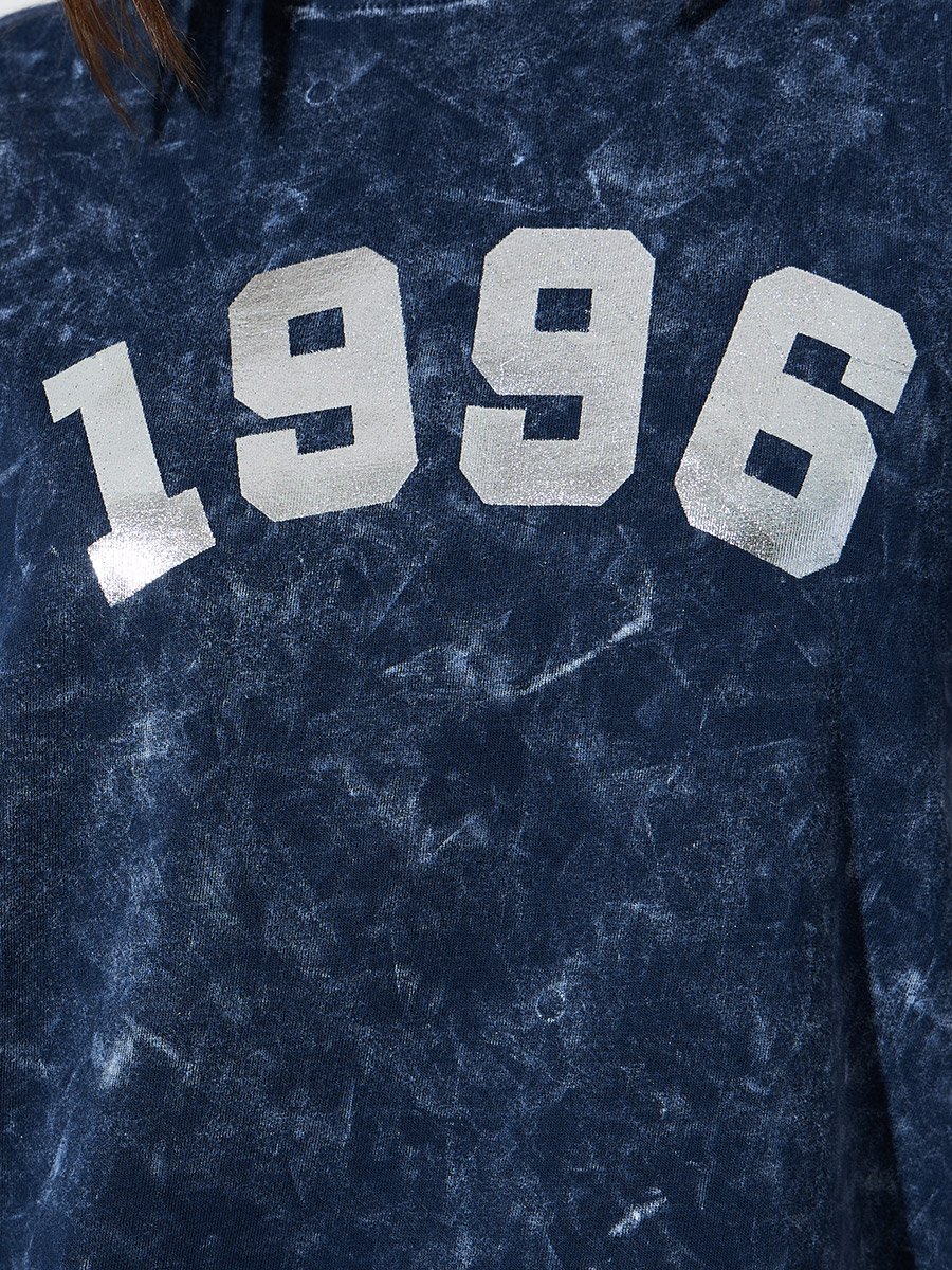 Navy Blue Slogan Print Acid Wash Oversized T-Shirt