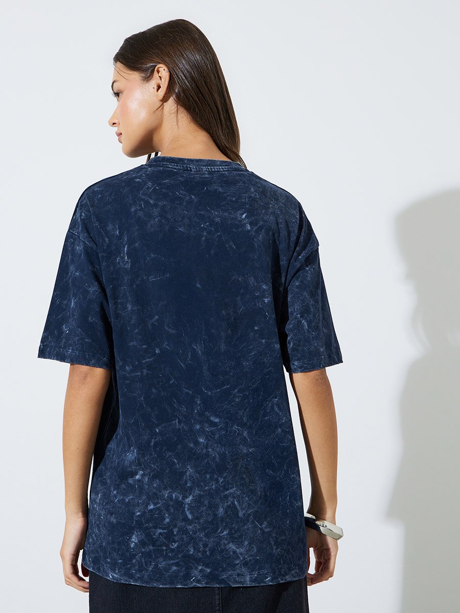 Navy Blue Slogan Print Acid Wash Oversized T-Shirt