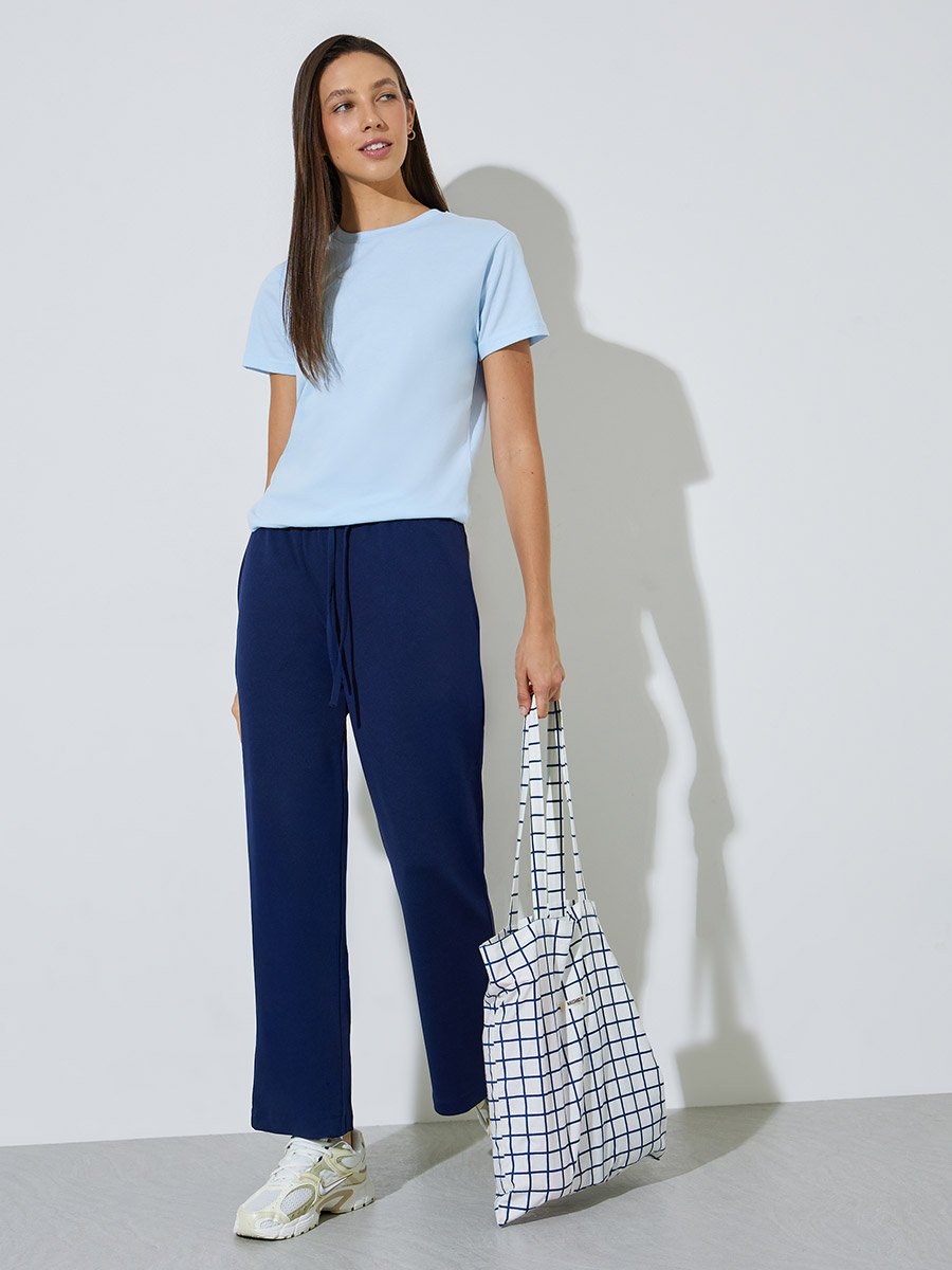 Blue Plain Cotton Regular Fit T-Shirt