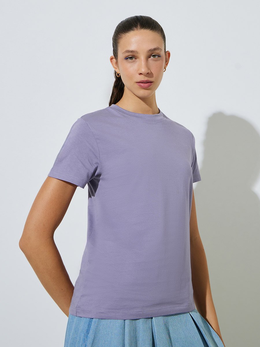 Lilac Plain Cotton Regular Fit T-Shirt