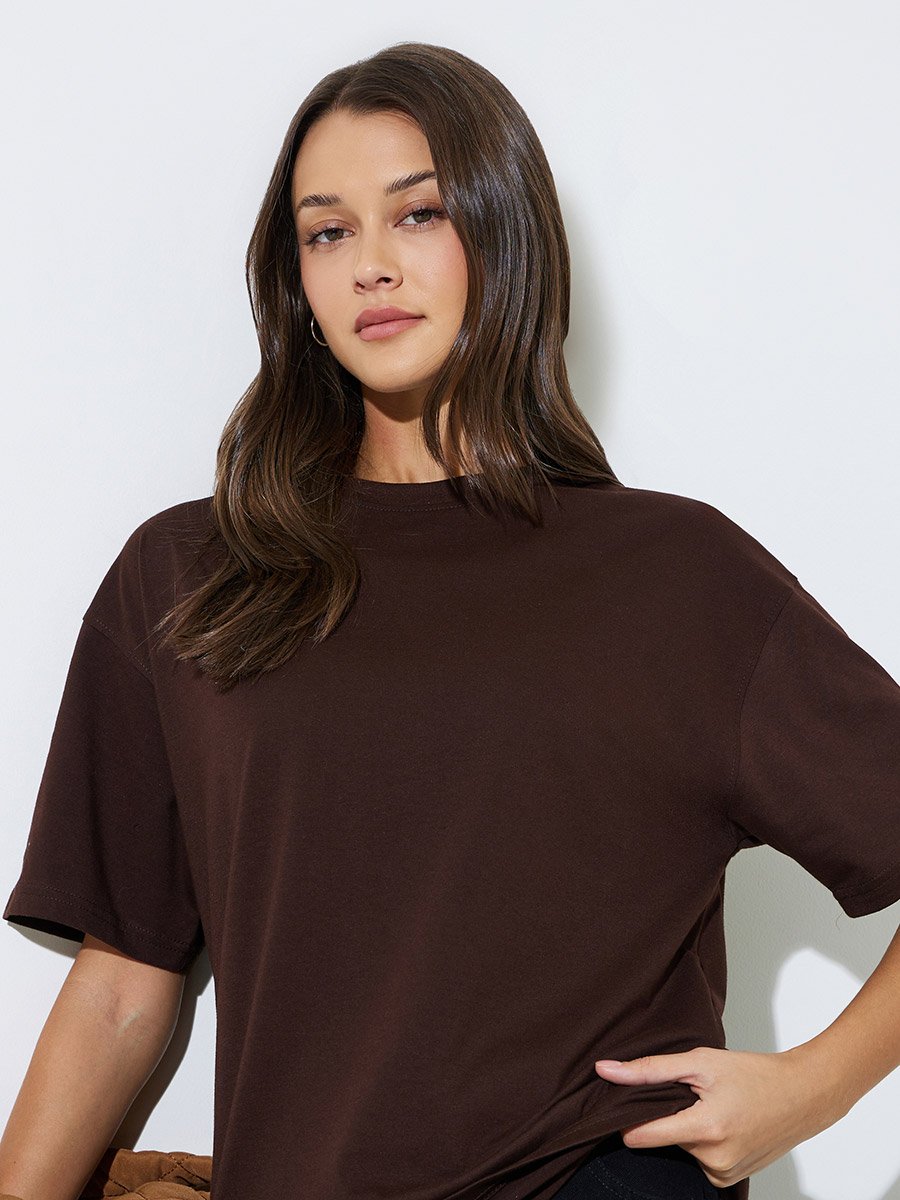 Brown Round Neck Cotton Oversized T-Shirt