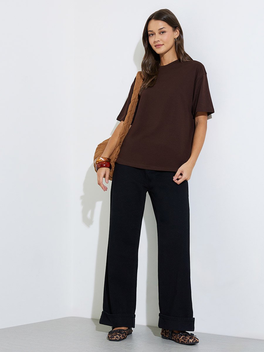 Brown Round Neck Cotton Oversized T-Shirt