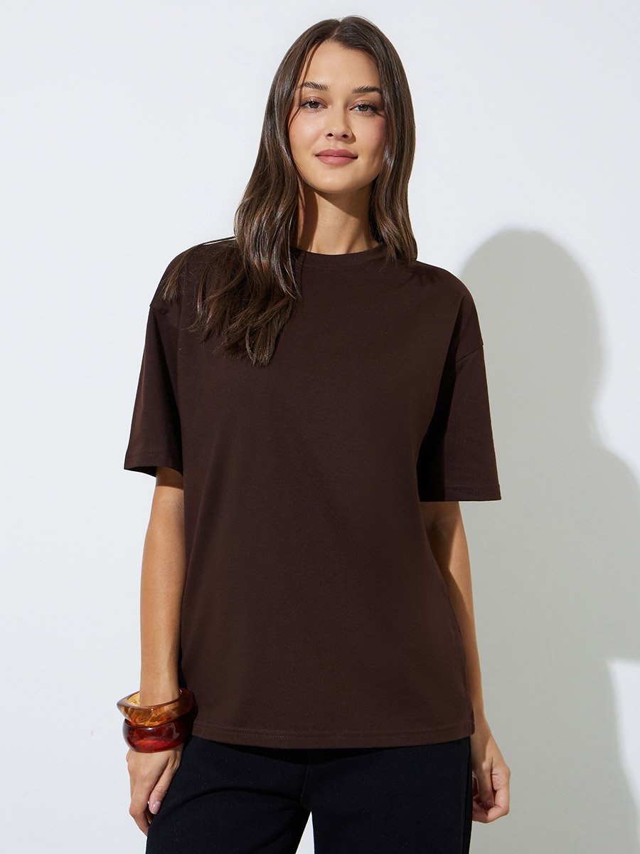 Brown Round Neck Cotton Oversized T-Shirt