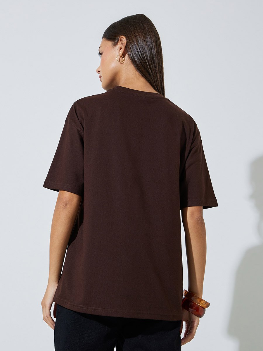 Brown Round Neck Cotton Oversized T-Shirt