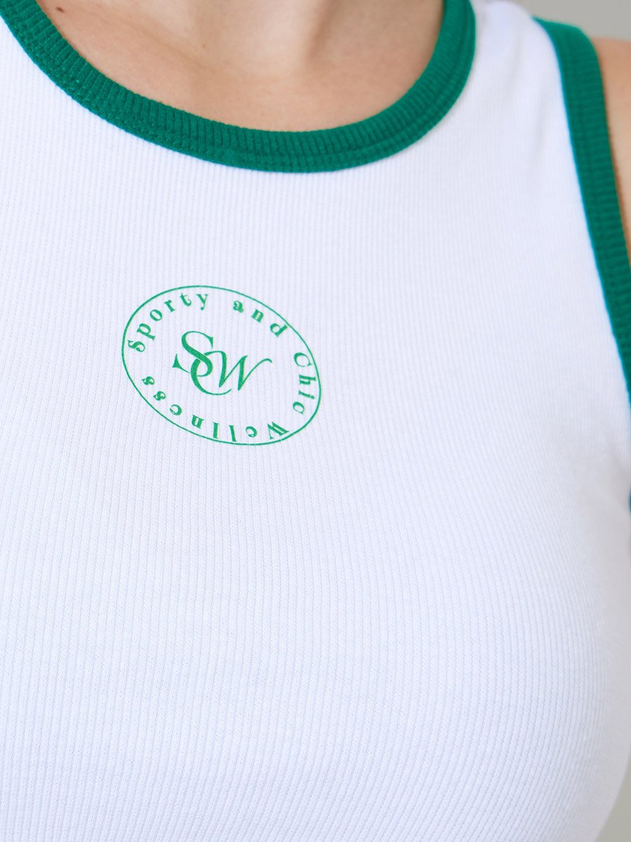 White Contrast Trims Fitted Ribbed Tank Top with Slogan Embroidery