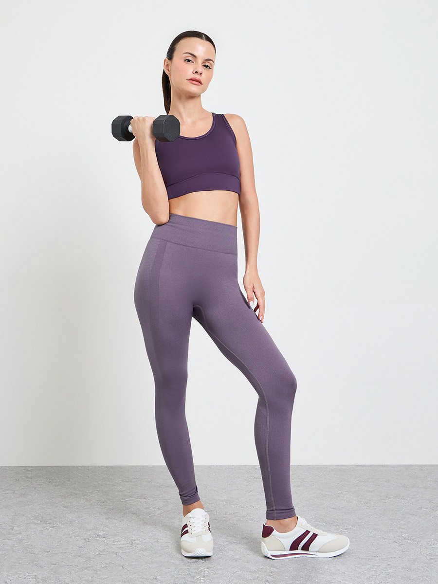 Purple Tonal Texture Broad Waistband Leggings