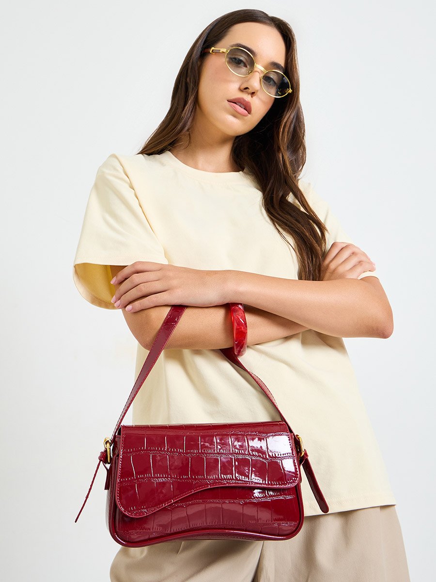 Red Textured Flap Shoulder Bag