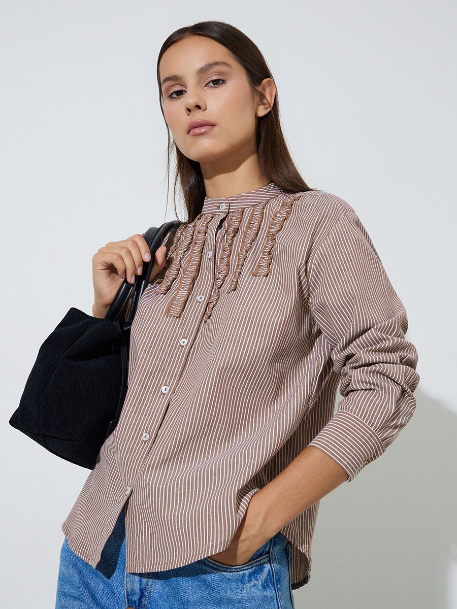 Brown Striped Mandarin Collar Long Sleeves Shirt