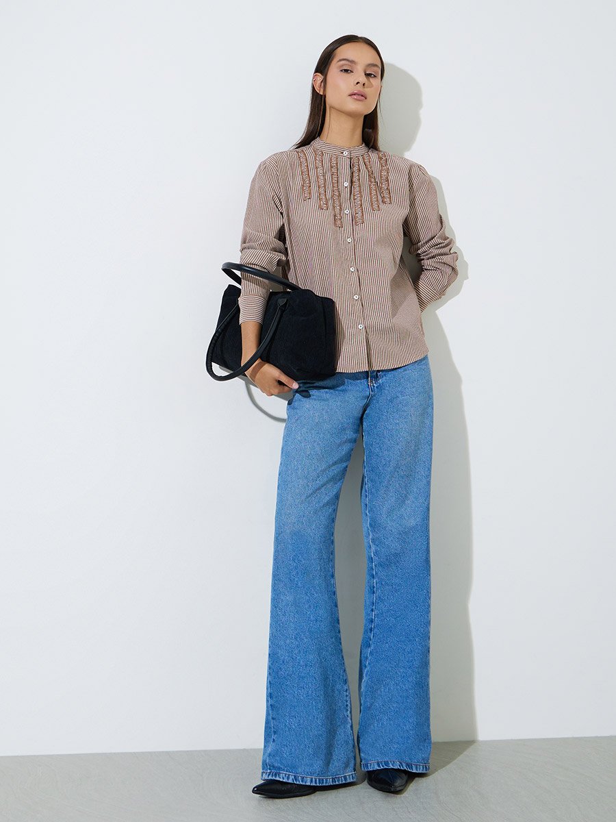 Brown Striped Mandarin Collar Long Sleeves Shirt
