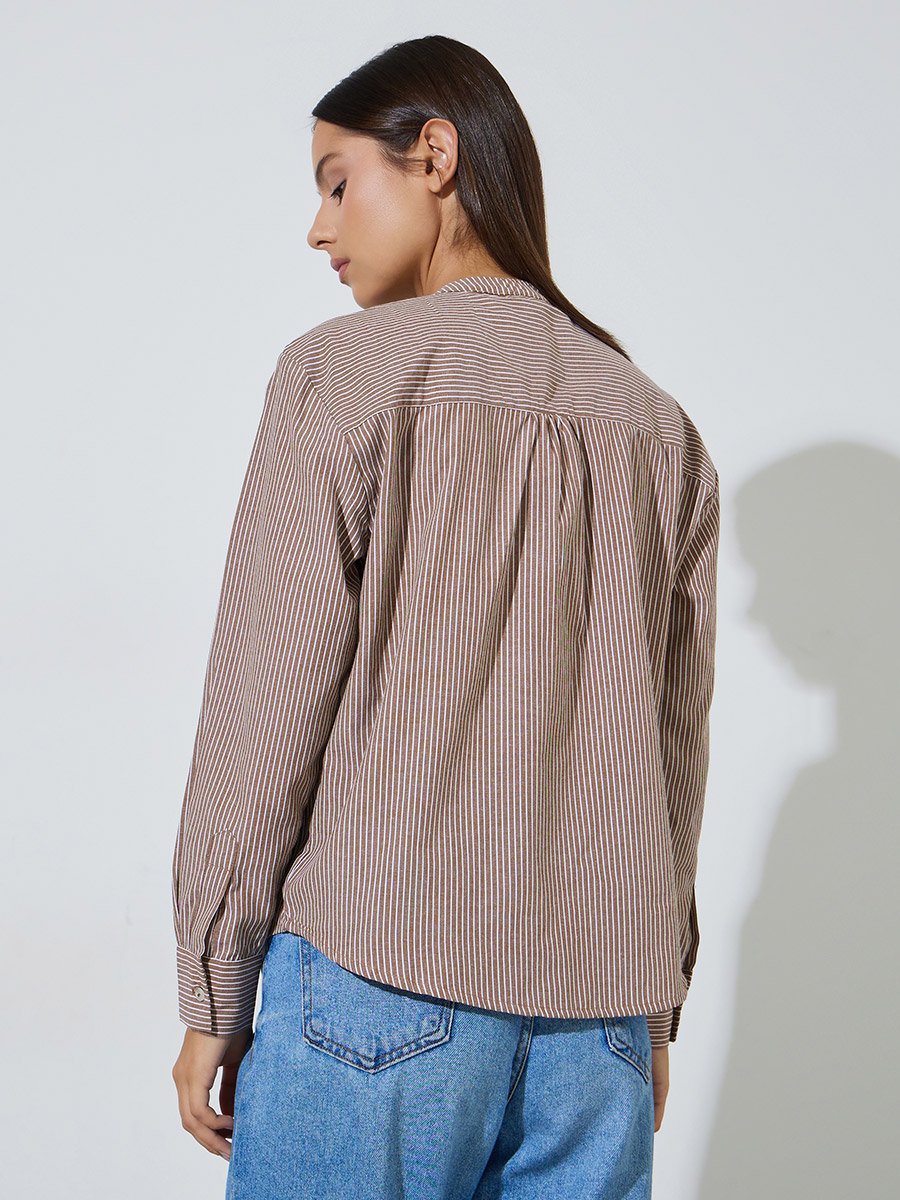 Brown Striped Mandarin Collar Long Sleeves Shirt