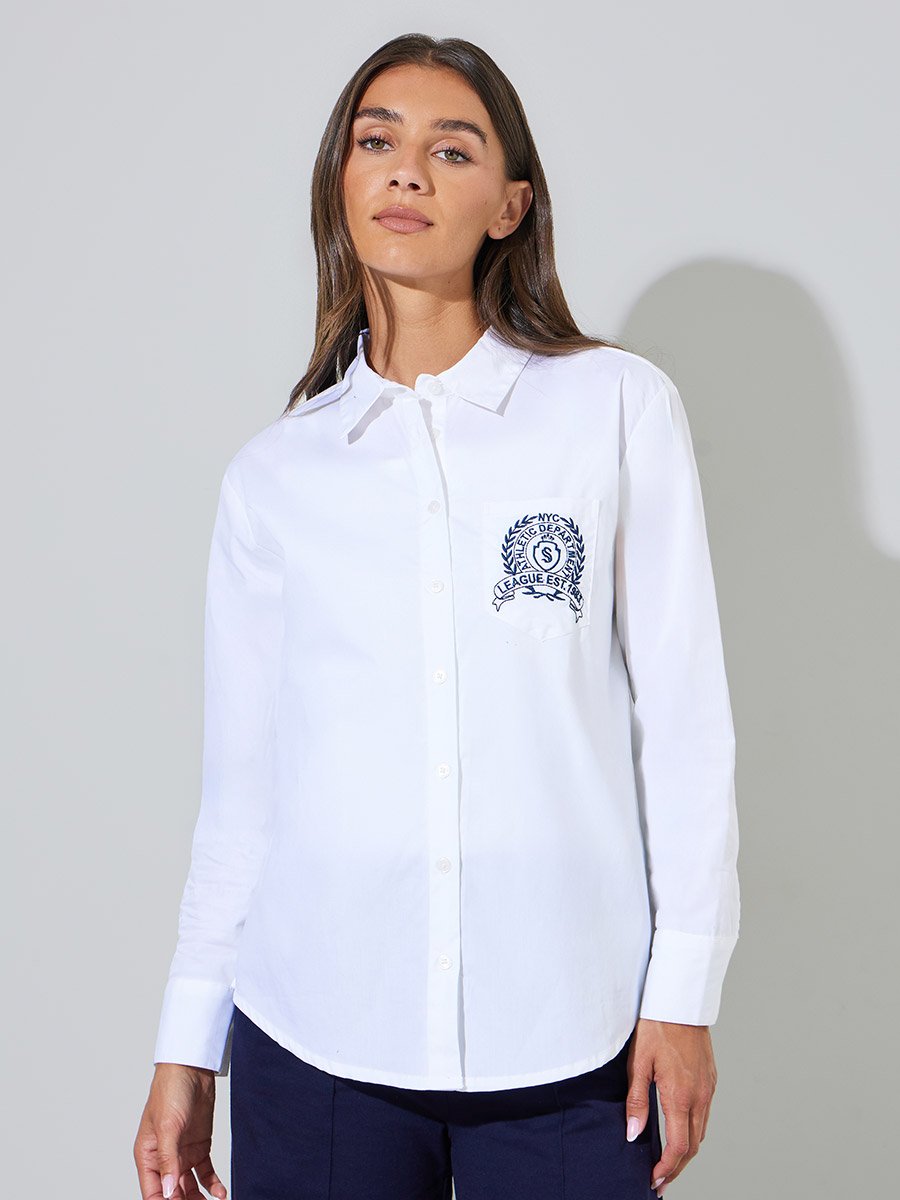 White Pocket Embroidered Relaxed Fit Shirt