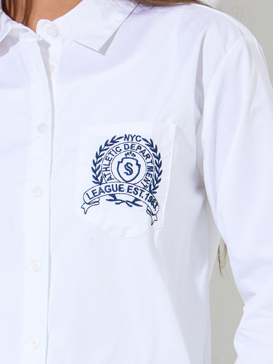 White Pocket Embroidered Relaxed Fit Shirt
