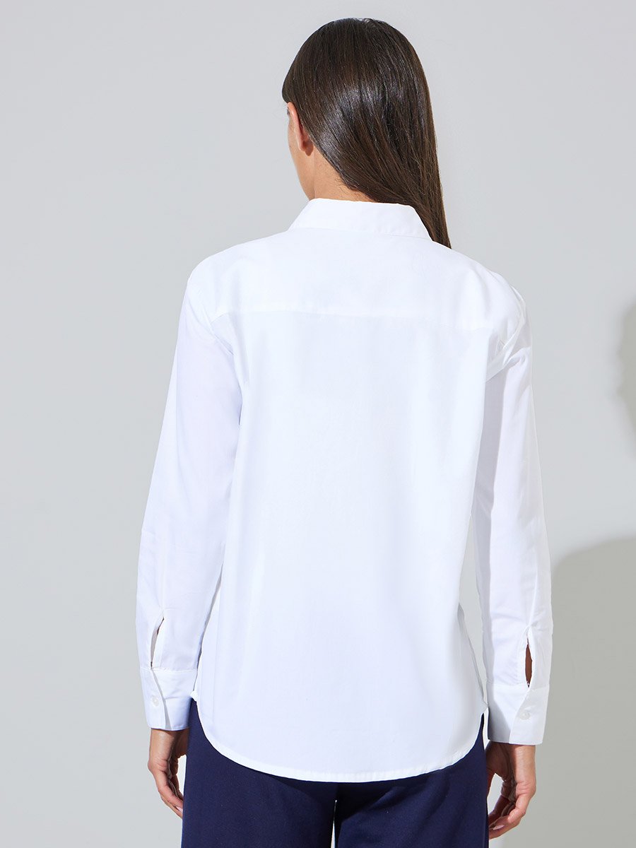 White Pocket Embroidered Relaxed Fit Shirt