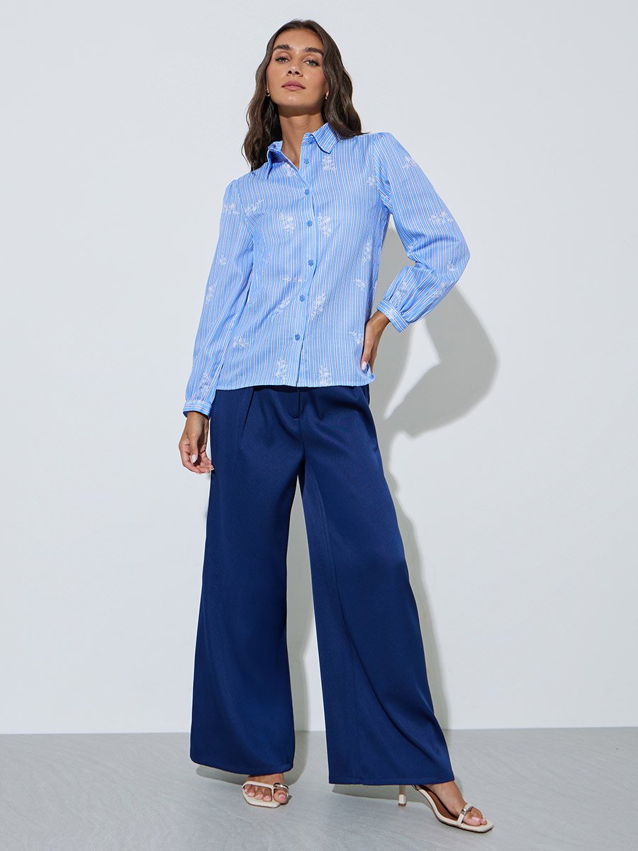 Blue Striped Graphic Print Long Sleeve Shirt