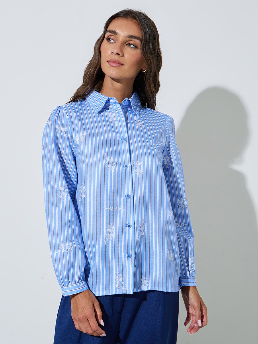 Blue Striped Graphic Print Long Sleeve Shirt
