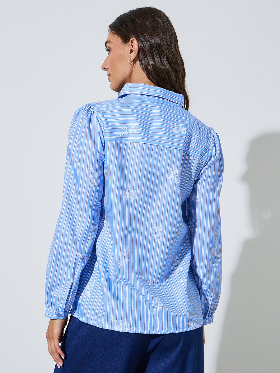 Blue Striped Graphic Print Long Sleeve Shirt
