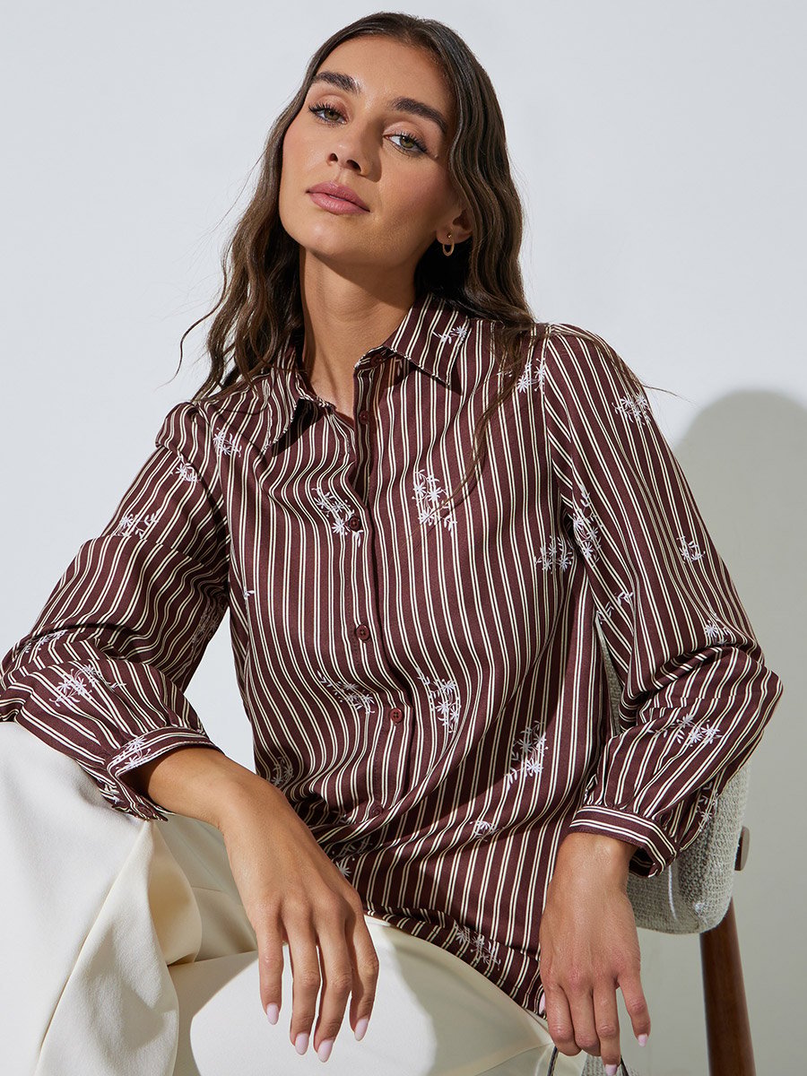 Brown Striped Graphic Print Long Sleeve Shirt