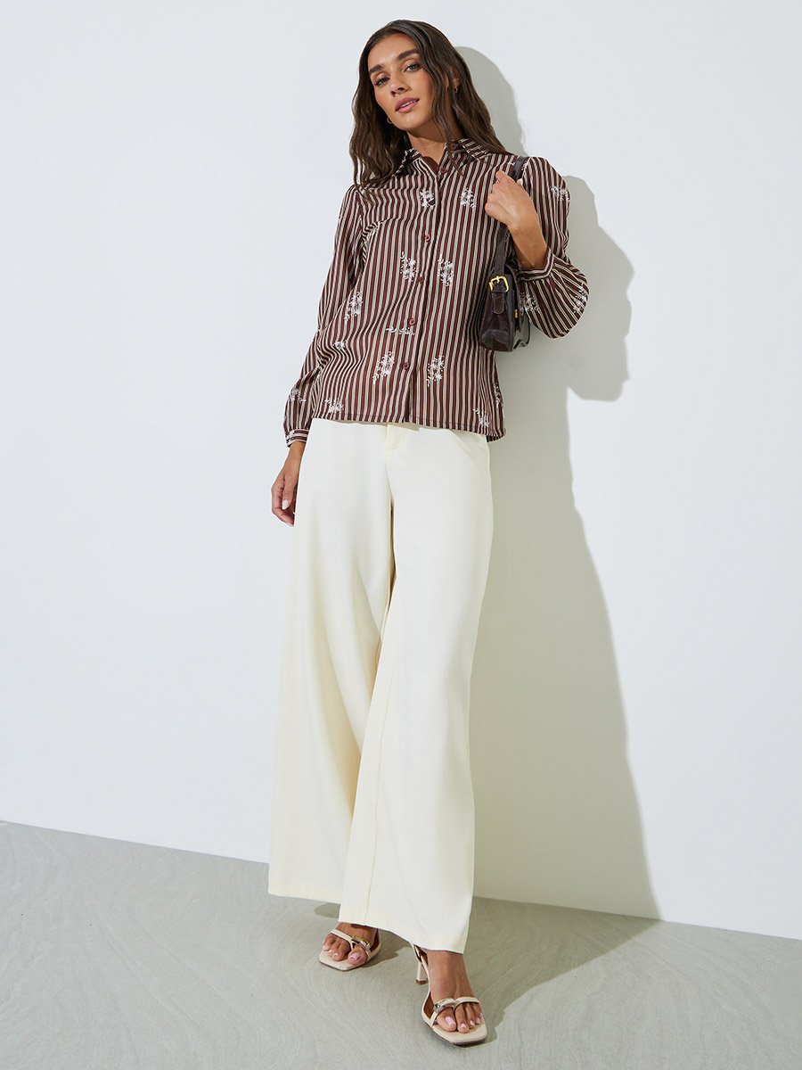 Brown Striped Graphic Print Long Sleeve Shirt