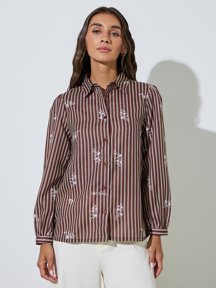 Brown Striped Graphic Print Long Sleeve Shirt