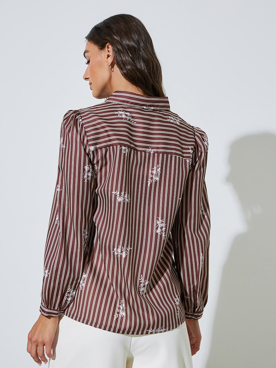 Brown Striped Graphic Print Long Sleeve Shirt