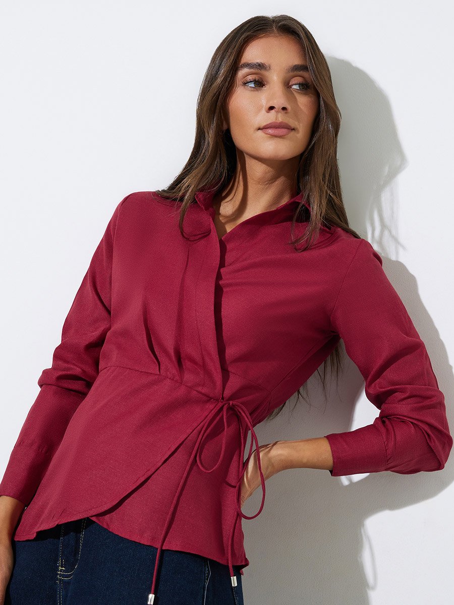 Burgundy Collared Tie-Up Wrap Blouse